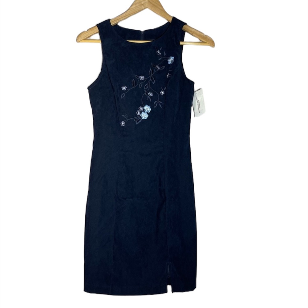 NWT 80s Crushed Velvet Midi Dress Blue Flowers Floral City Triangles VTG 1980s